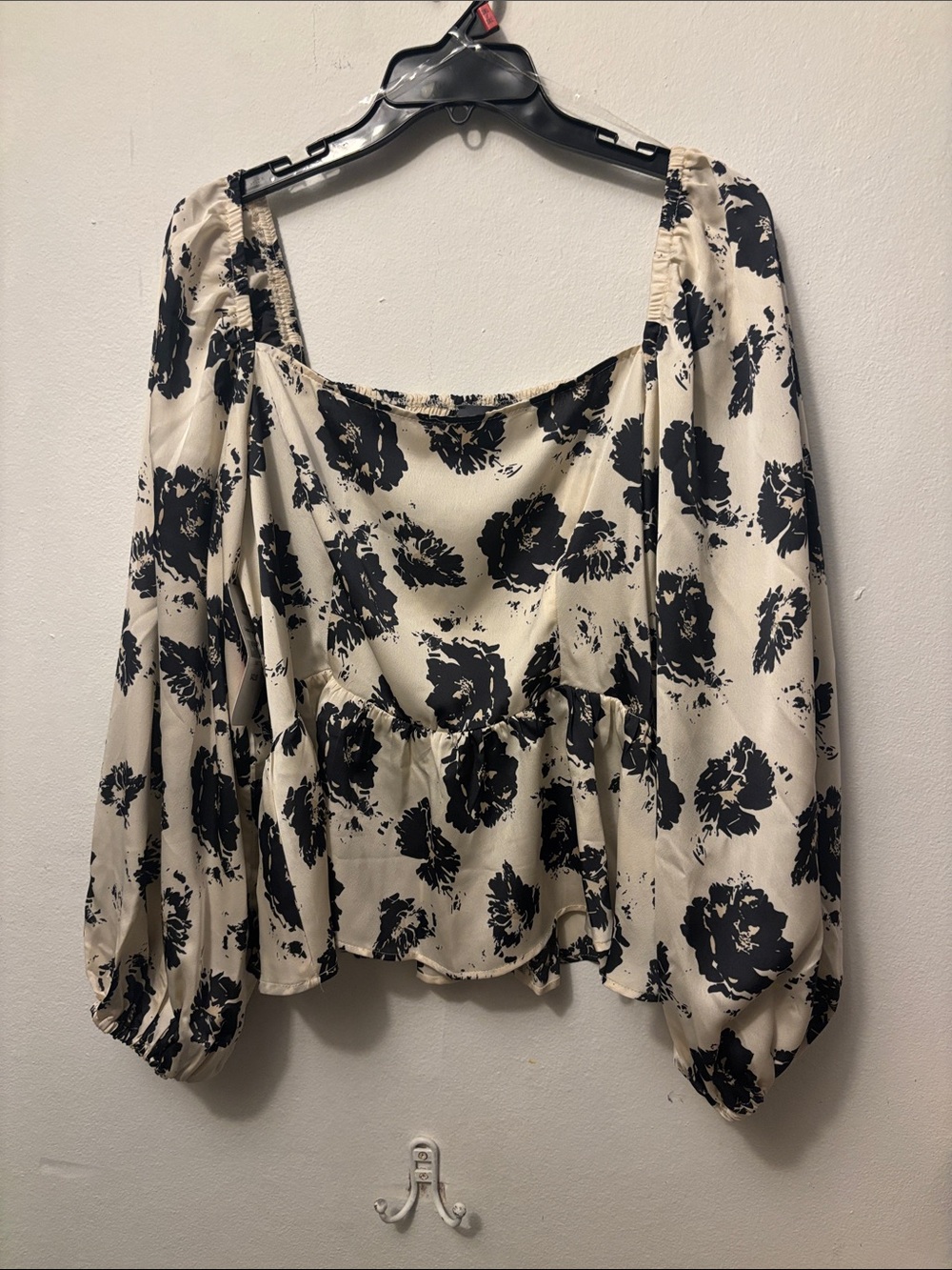 Cream and Black Floral Peplum Blouse with Puff Sleeves